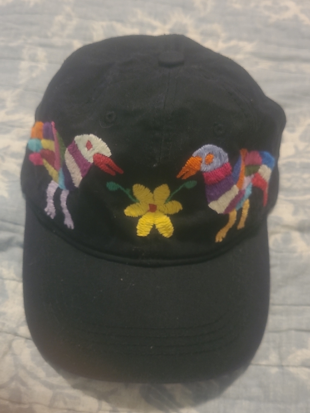Black Embroidered Bird Baseball Cap - Multicolor Detail